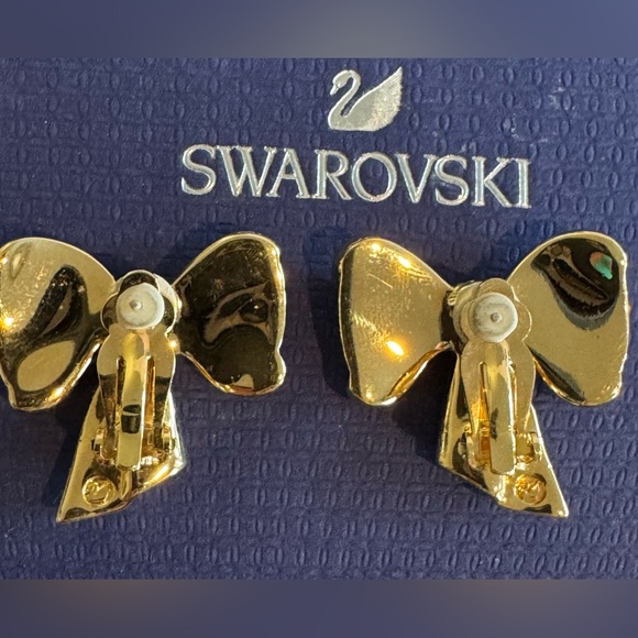 Authentic SWAROVSKI Gold Ribbon Pave Crystal Bow Clip on Earrings - Picture 6 of 13
